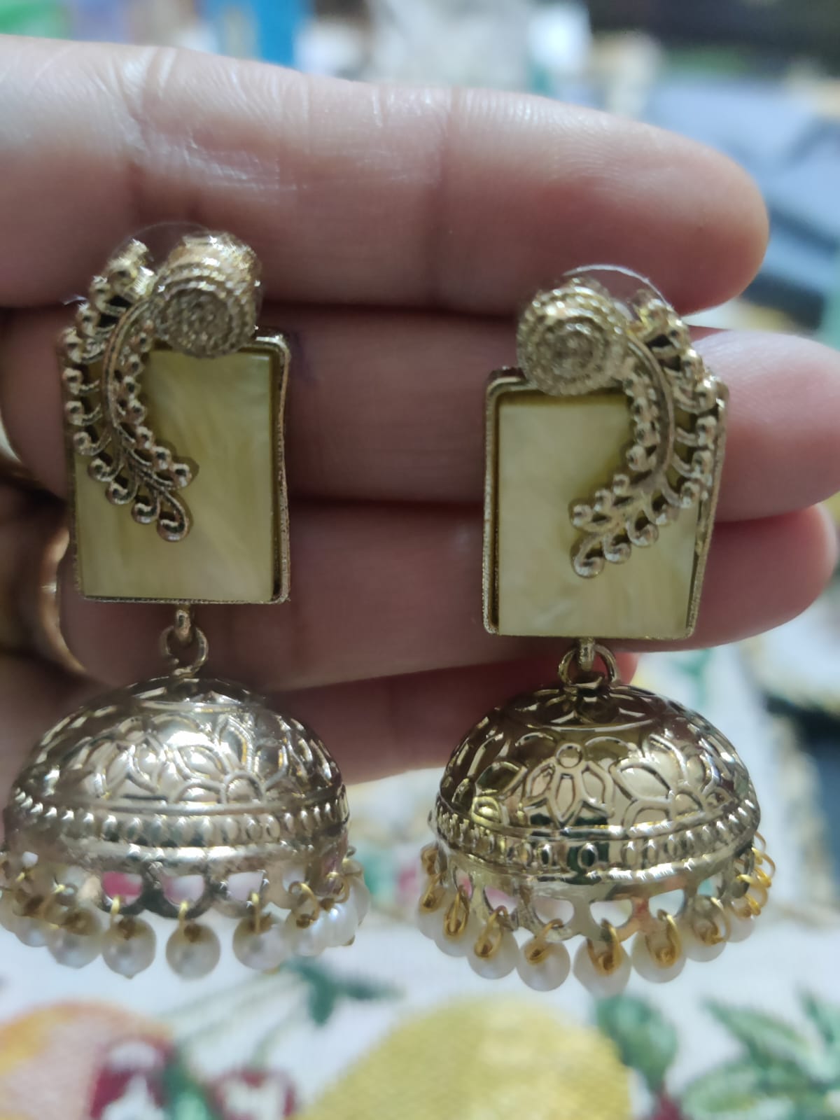 Small golden jhumkis with mop